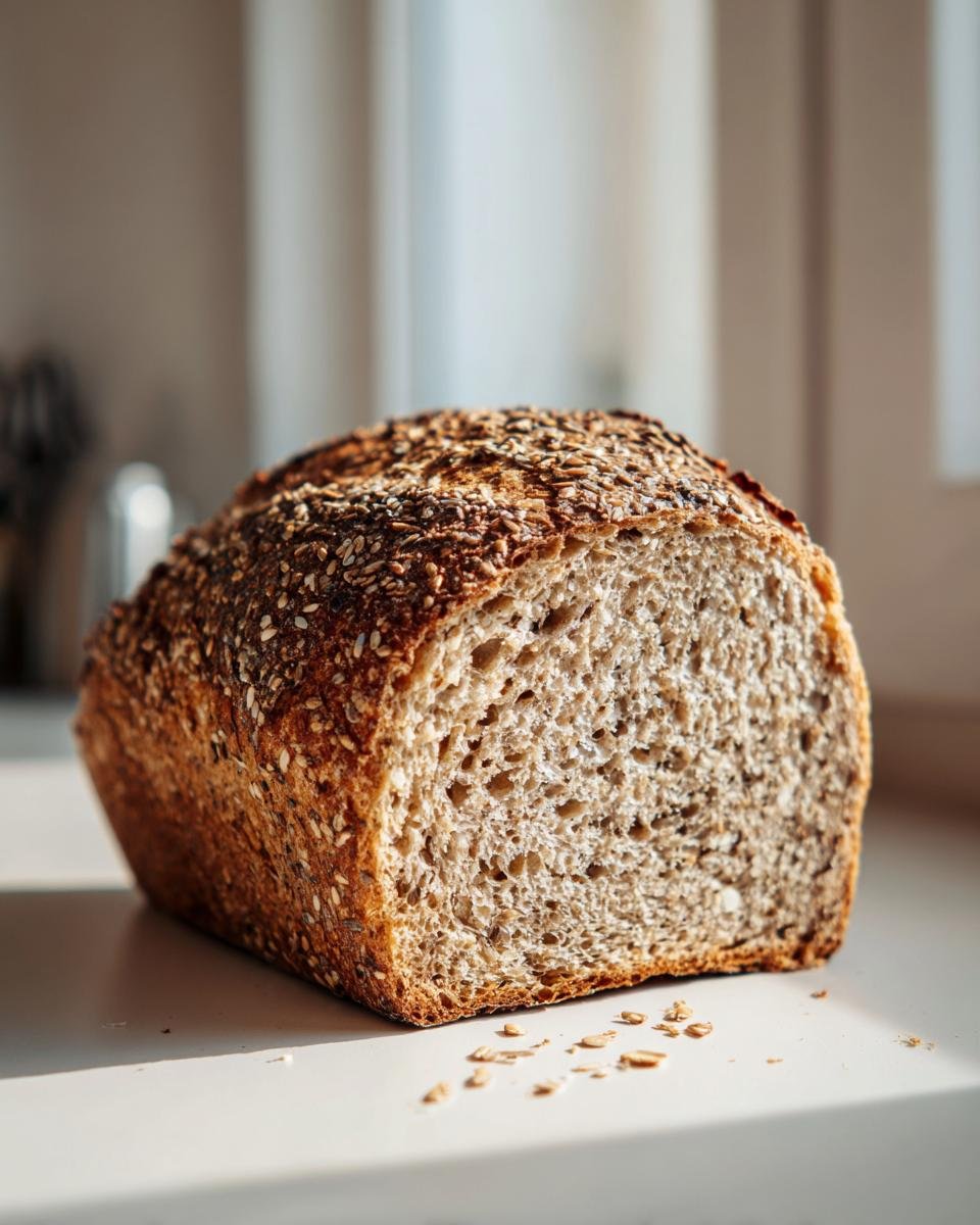 Ein Laib von Das beste Eiweißbrot der Welt, angeschnitten und mit Körnern bestreut, liegt im Sonnenlicht.