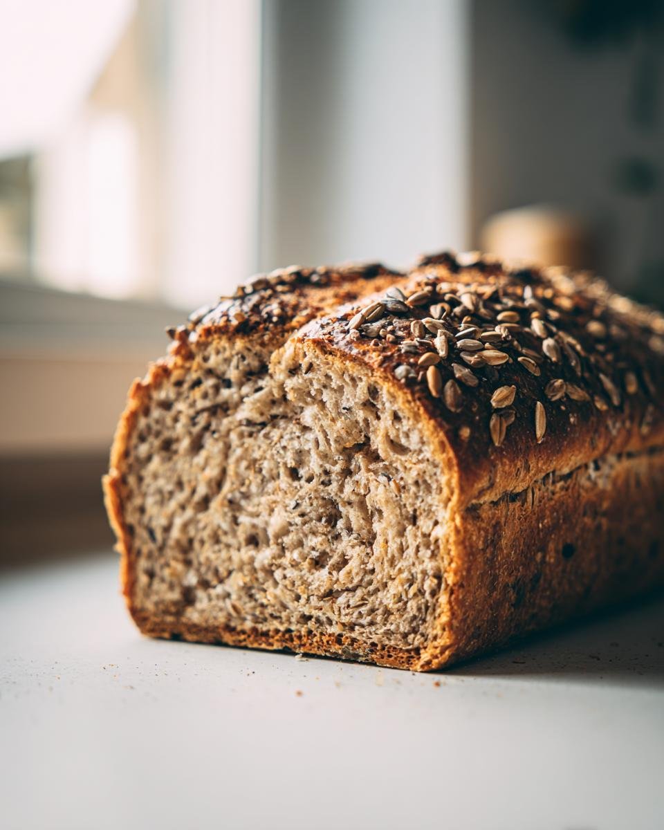 Nahaufnahme eines Laibs Das beste Eiweißbrot der Welt, aufgeschnitten und reichlich mit Sonnenblumenkernen bestreut.