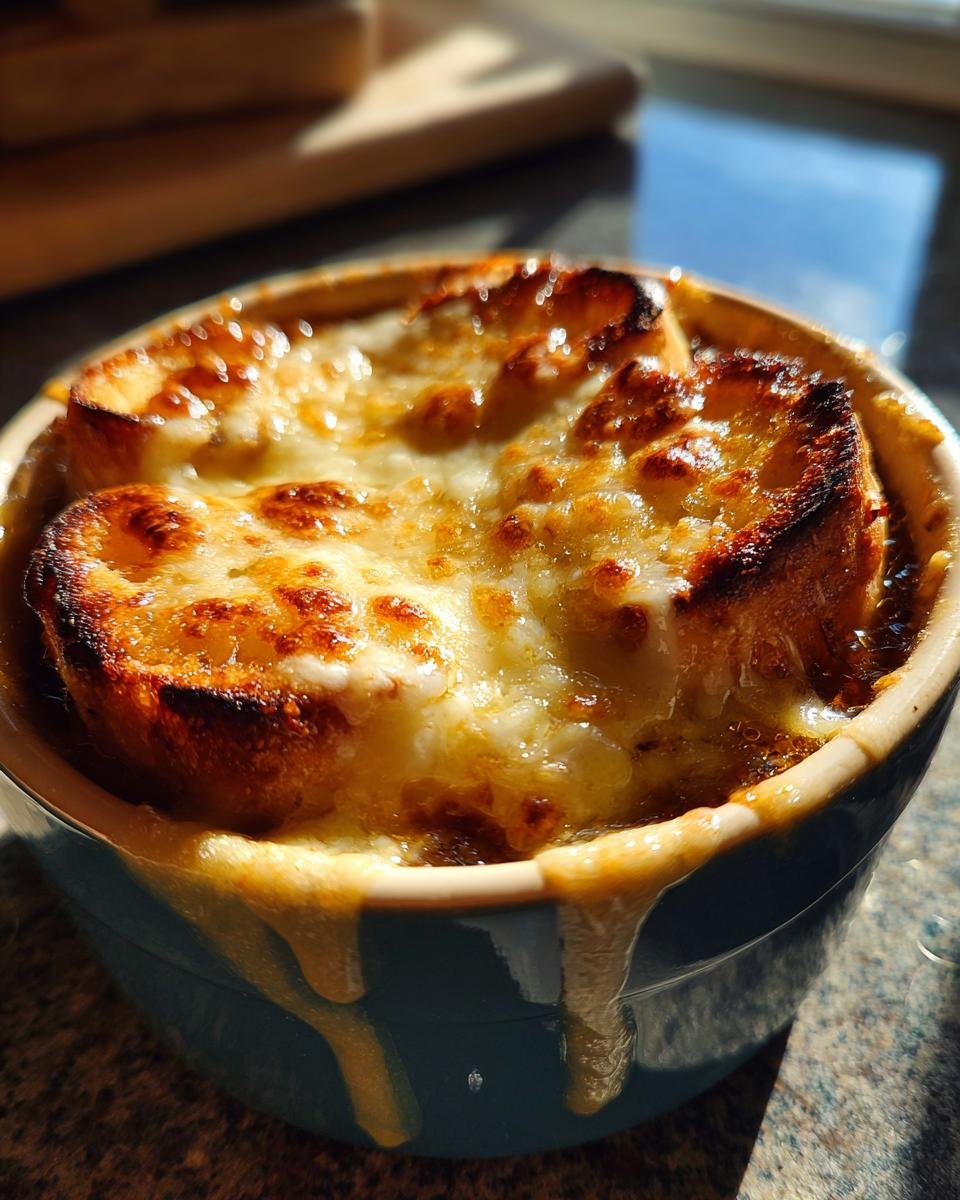 Nahaufnahme einer Schüssel mit Die beste französische Zwiebelsuppe aller Zeiten, bedeckt mit goldbraun überbackenem Käse und Croutons.