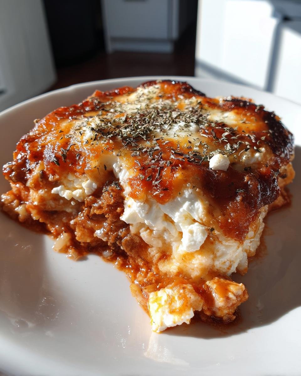 Eine Portion des gebackenen Dump-und-Bake Hähnchen Tzatziki Auflaufs mit goldbrauner Kruste und Kräutern.