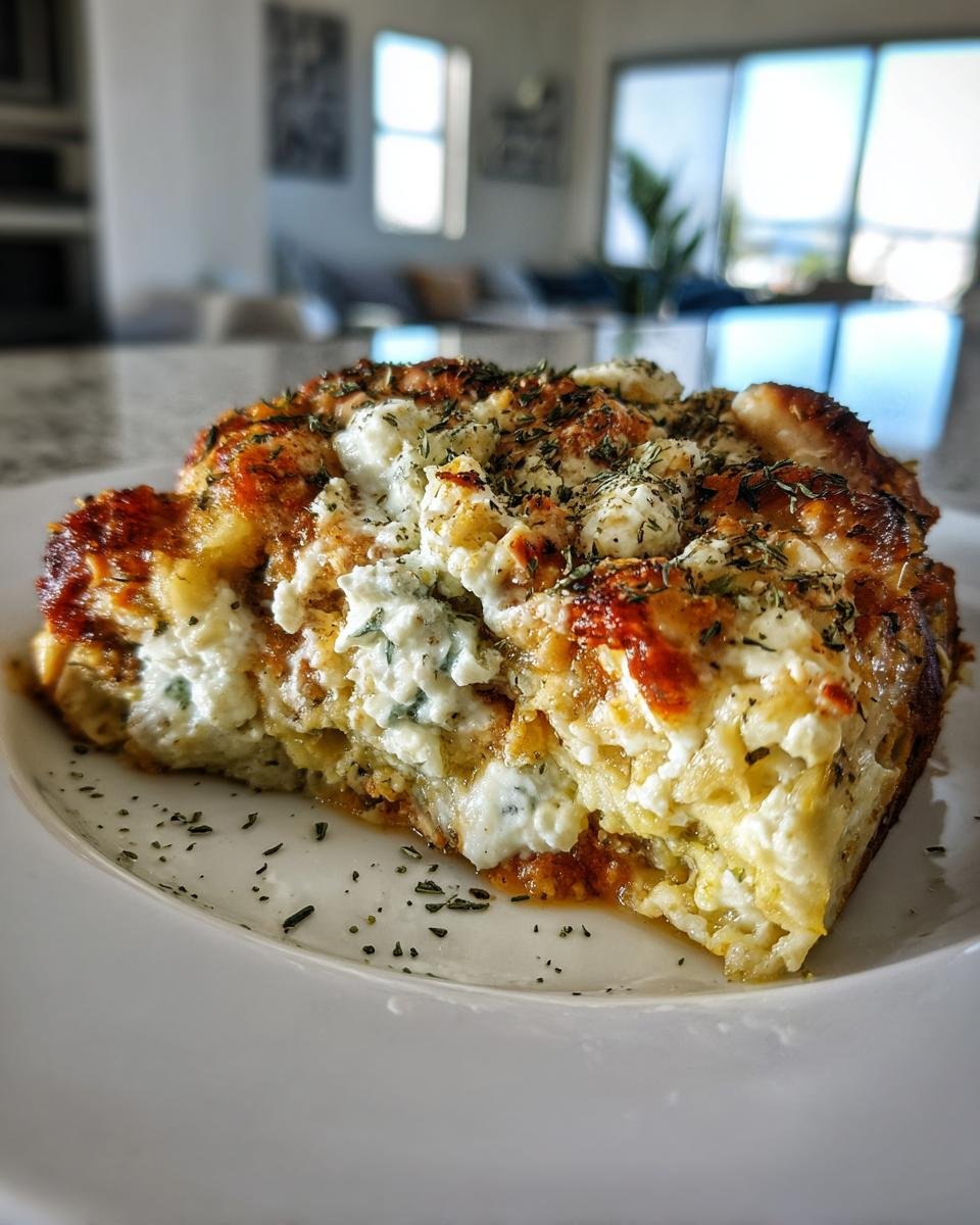Nahaufnahme eines cremigen Stücks Dump-und-Bake Hähnchen Tzatziki Auflauf mit goldbrauner Kruste und Kräutern.