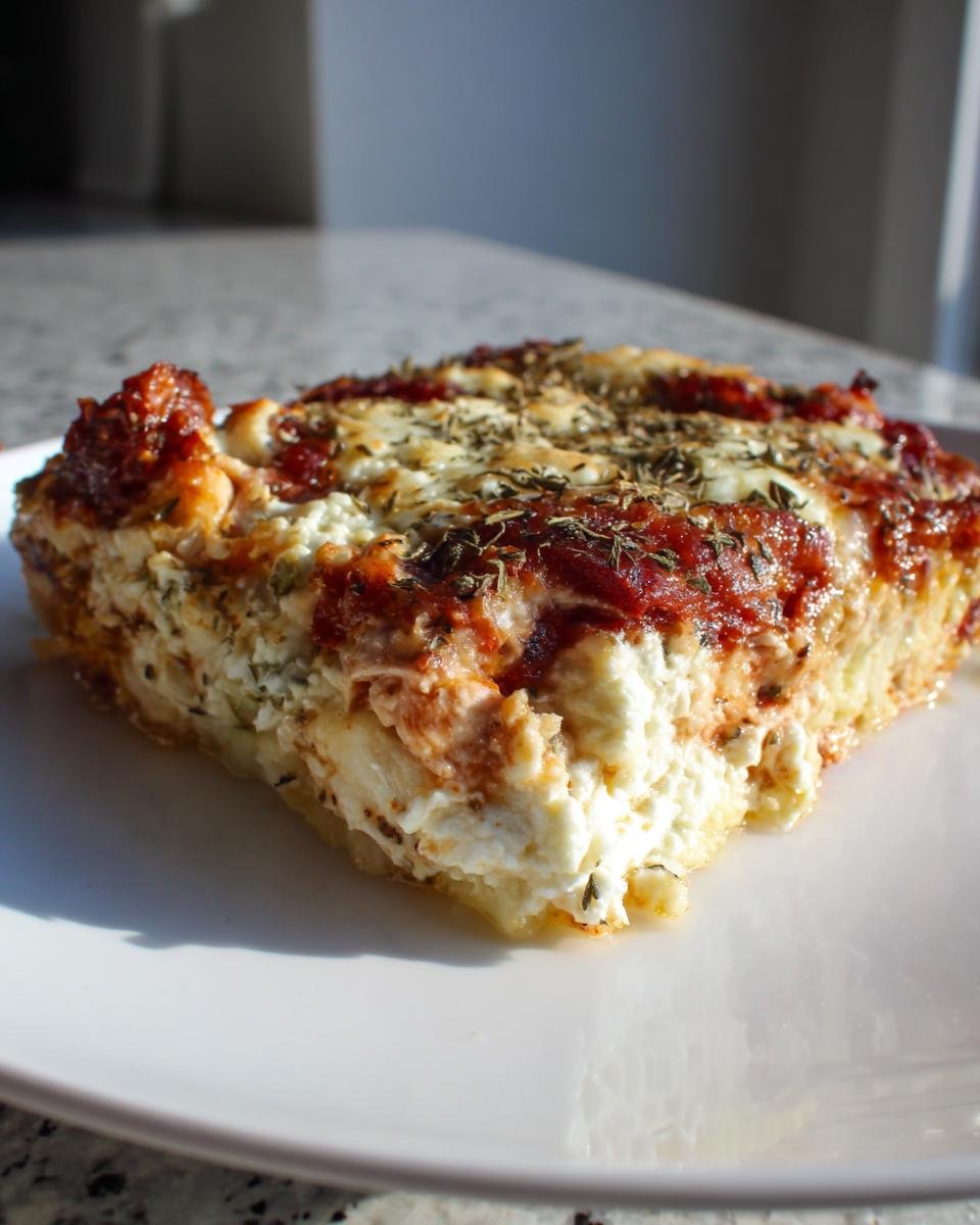 Nahaufnahme eines Stücks Dump-und-Bake Hähnchen Tzatziki Auflauf mit Käse und Tomatensauce.