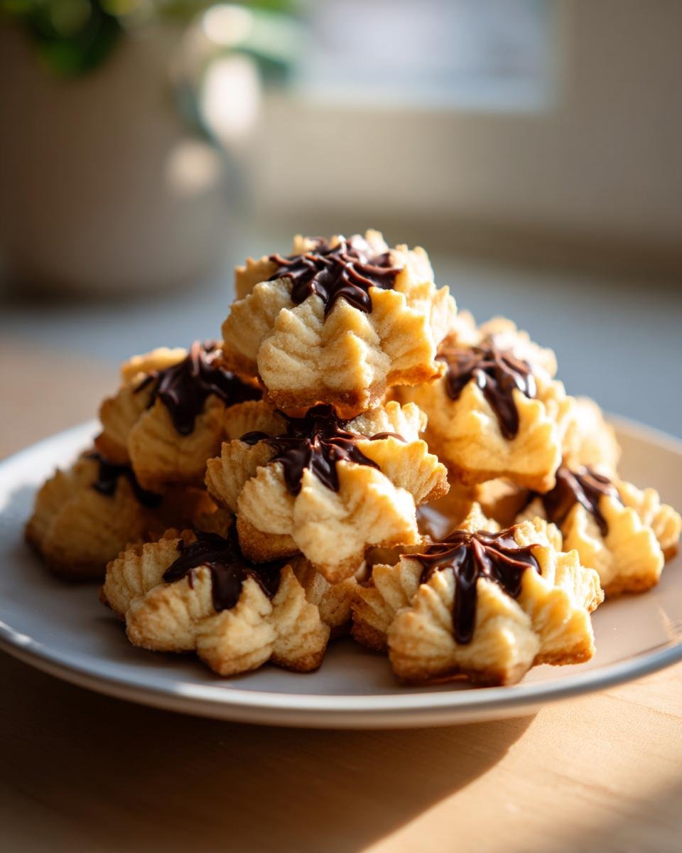 Ein Stapel goldbrauner Eierlikör Spritzgebäck Kekse, verziert mit dunkler Schokoladenglasur, auf einem weißen Teller.