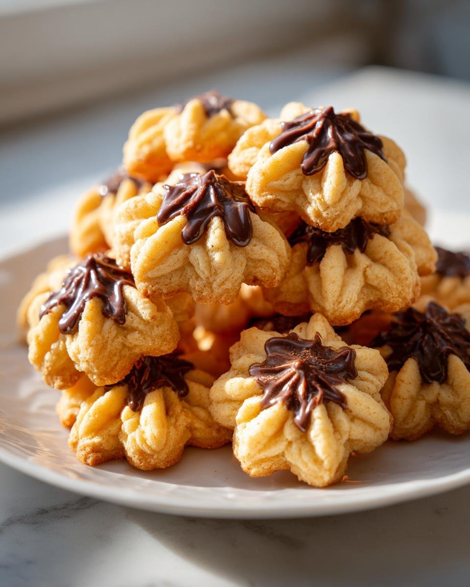 Ein Stapel goldbrauner Eierlikör Spritzgebäck Plätzchen, verziert mit dunkler Schokolade.