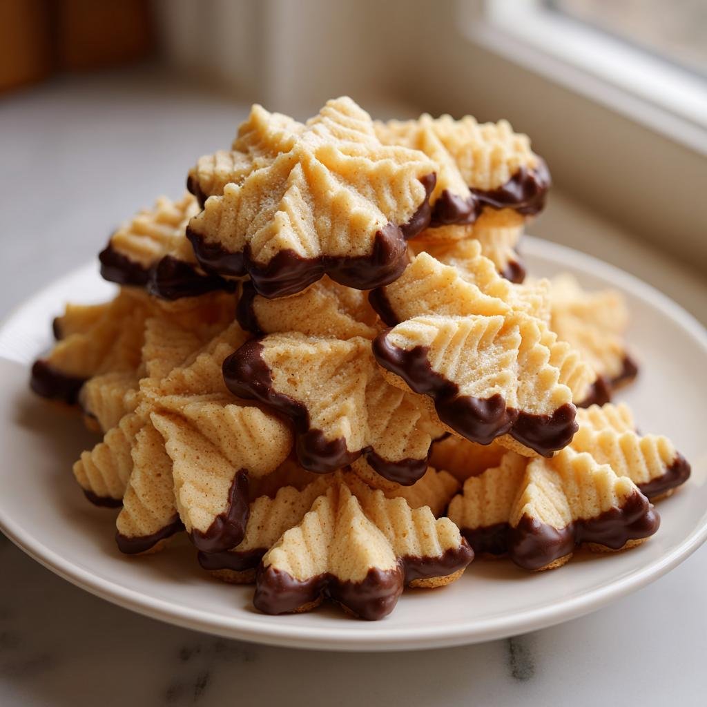 Ein Haufen goldbrauner Eierlikör Spritzgebäck Kekse, deren Ränder in dunkle Schokolade getaucht sind, auf einem weißen Teller.
