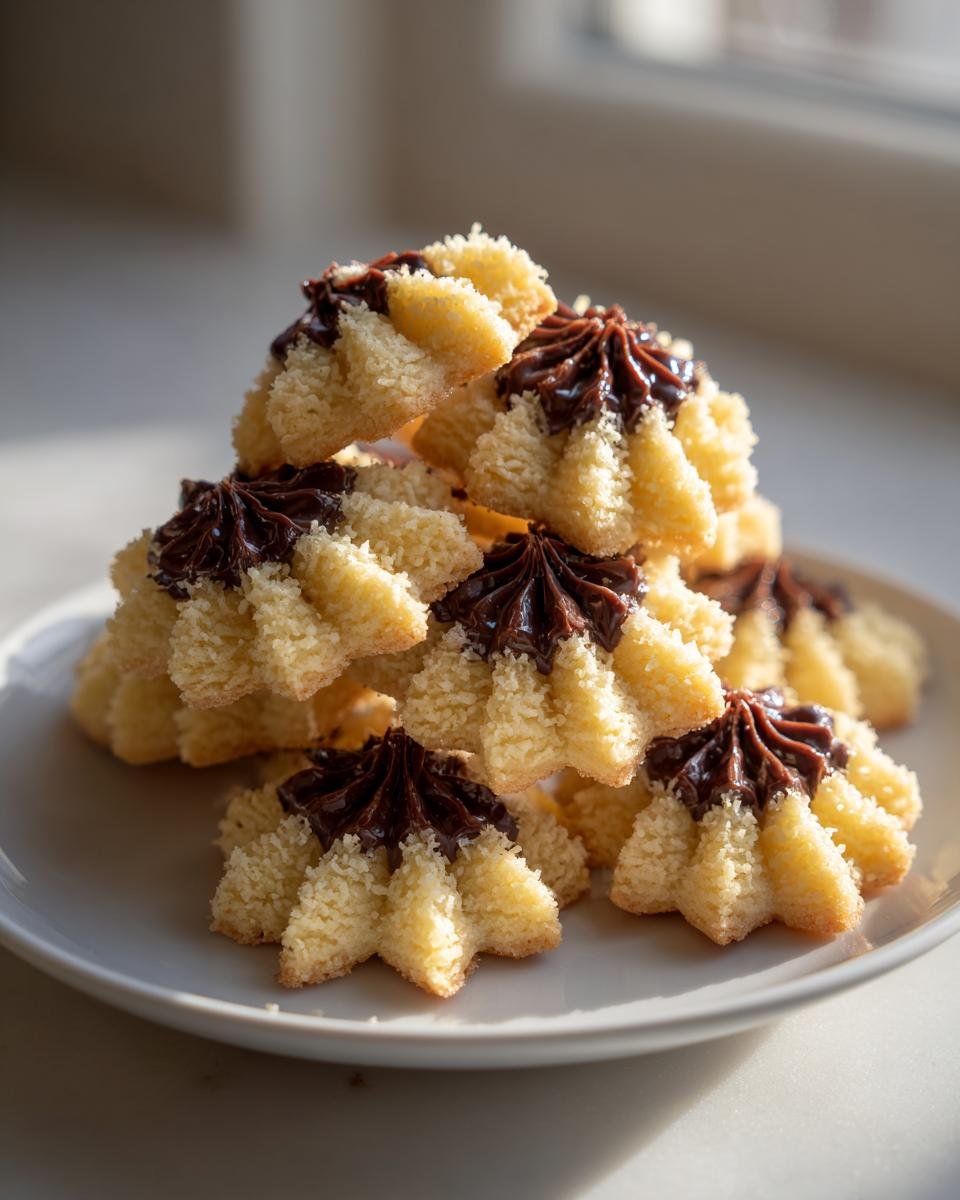 Ein Stapel goldgelber Eierlikör Spritzgebäck Kekse mit dunkler Schokoladentuff auf einem hellen Teller.