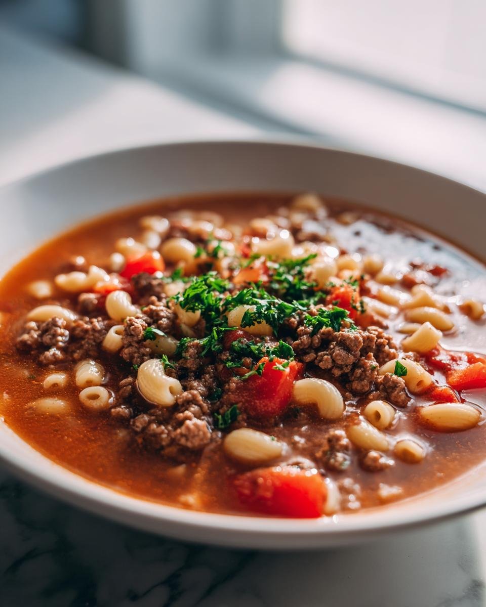 Eine Schüssel mit Einfache Hamburger-Nudelsuppe, gefüllt mit Hackfleisch, Makkaroni und Tomaten, garniert mit Petersilie.
