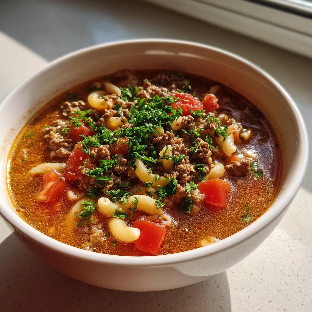 Eine Schüssel mit Einfache Hamburger-Nudelsuppe, reichlich belegt mit Hackfleisch, Tomatenstücken und Petersilie.