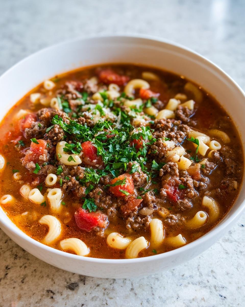 Eine Schüssel mit Einfache Hamburger-Nudelsuppe, gefüllt mit Hackfleisch, Nudeln und Tomaten, garniert mit Petersilie.
