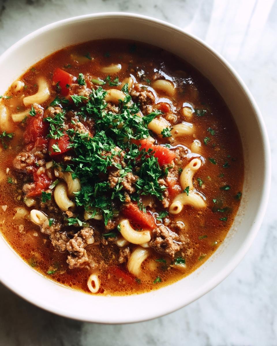Nahaufnahme einer Schüssel Einfache Hamburger-Nudelsuppe mit Hackfleisch, Makkaroni und frischer Petersilie.