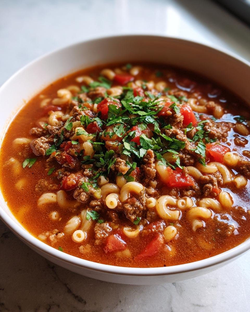 Nahaufnahme einer Schüssel mit Einfache Hamburger-Nudelsuppe, gefüllt mit Hackfleisch, Makkaroni und Tomaten, garniert mit Petersilie.