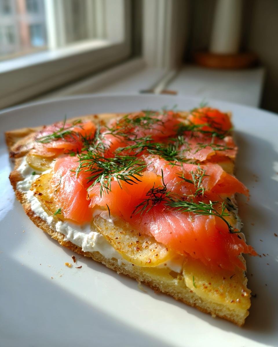 Nahaufnahme eines Stücks Einfache Kartoffelpizza mit geräuchertem Lachs, Kartoffelscheiben, Frischkäse und frischem Dill.