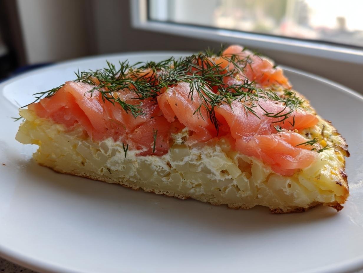 Ein Stück Einfache Kartoffelpizza mit geräuchertem Lachs und frischem Dill auf einem weißen Teller.