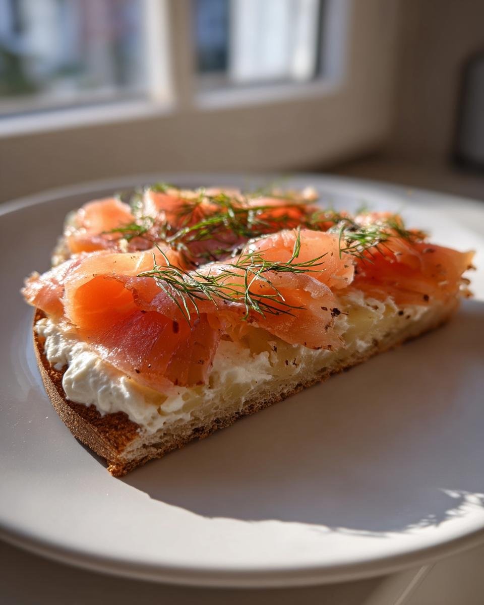 Ein Stück Einfache Kartoffelpizza mit geräuchertem Lachs, Frischkäse und frischem Dill.