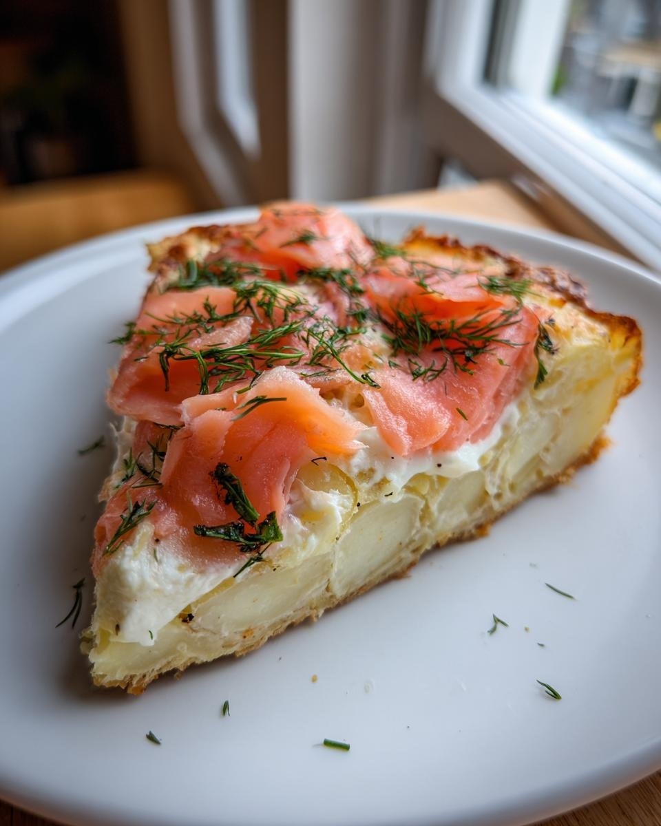 Ein Stück Einfache Kartoffelpizza mit geräuchertem Lachs, Frischkäse und frischem Dill auf einem weißen Teller.