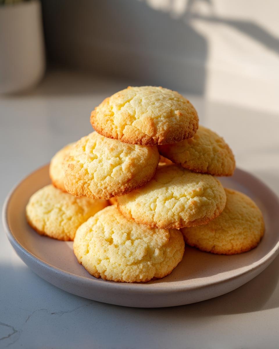 Ein Stapel goldbrauner, runder Einfache Vanillekekse auf einem hellen Teller, beleuchtet von Sonnenlicht.