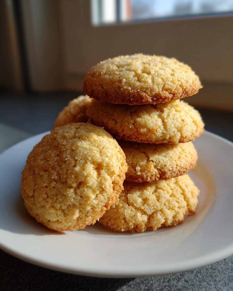 Stapel von goldbraunen, leicht zuckerbestreuten Einfache Vanillekekse auf einem weißen Teller.