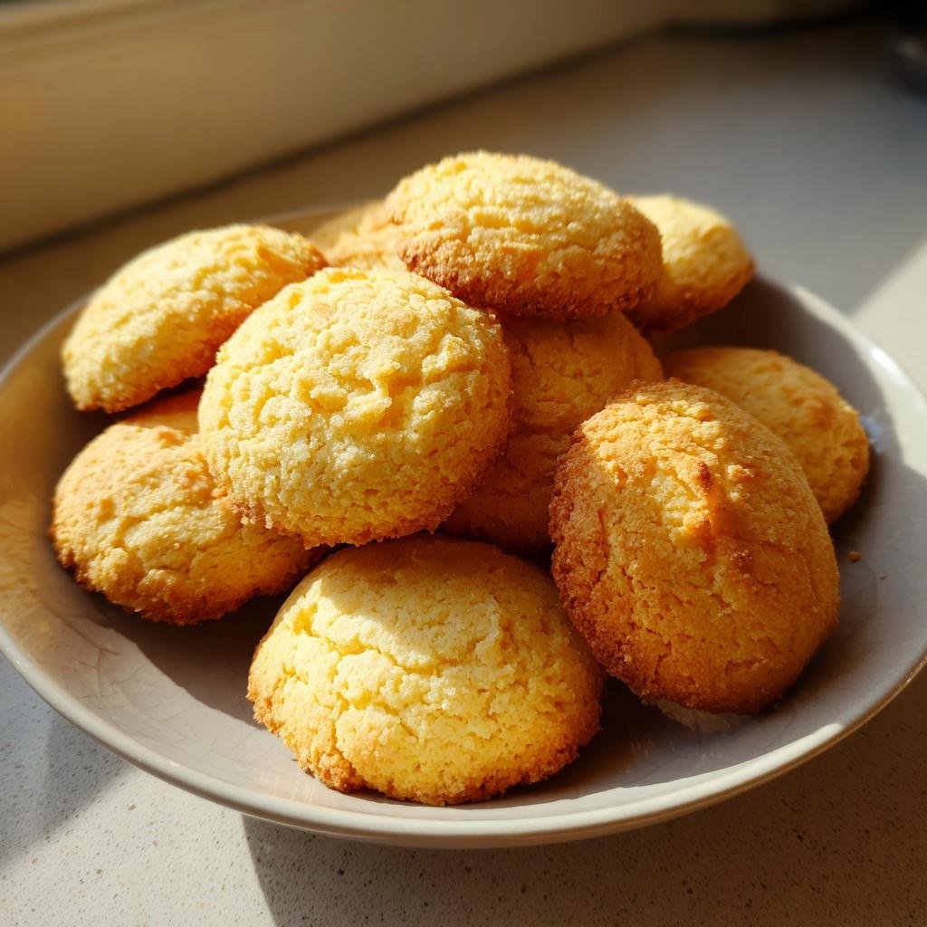 Ein Haufen goldbrauner Einfache Vanillekekse, appetitlich auf einem grauen Teller angerichtet.