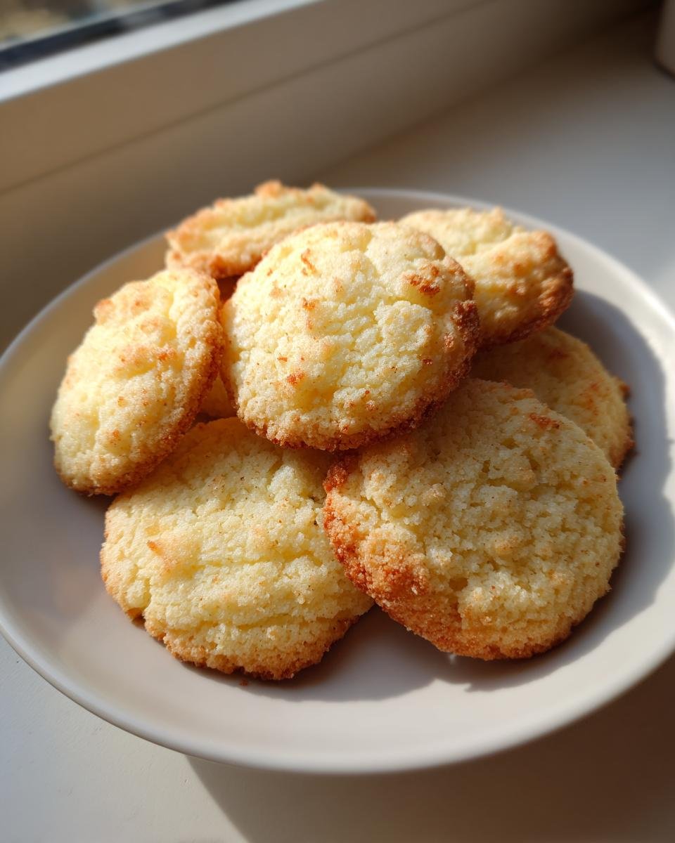 Ein Teller mit mehreren goldbraun gebackenen Einfache Vanillekekse, beleuchtet durch helles Sonnenlicht.