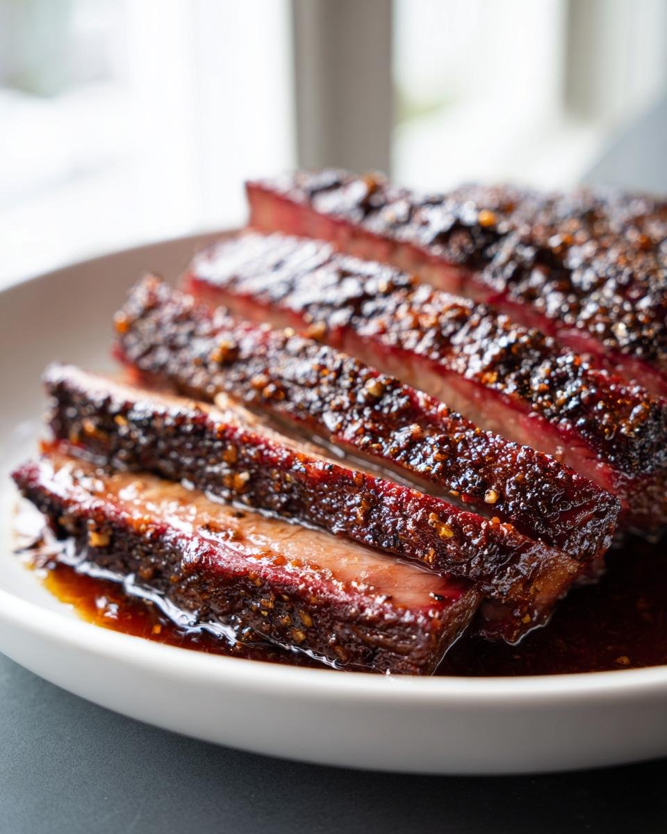Aufgeschnittener, glasierter Räuberbraten in dunkler Soße, perfekt für das einfache Räuberbraten Rezept.