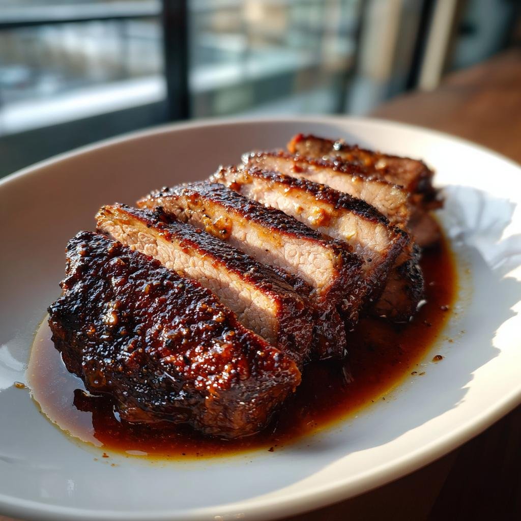 Mehrere Scheiben saftiger Räuberbraten mit dunkler, glänzender Glasur liegen in einer dunklen Soße auf einem weißen Teller.