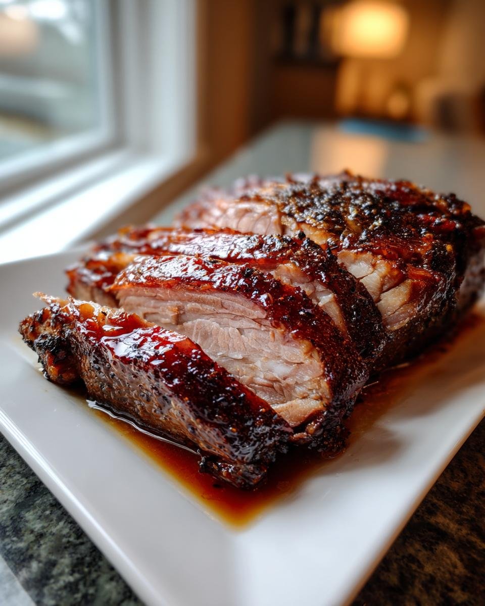 Aufgeschnittener, zarter Räuberbraten mit dunkler, glasierter Kruste auf einem weißen Teller.