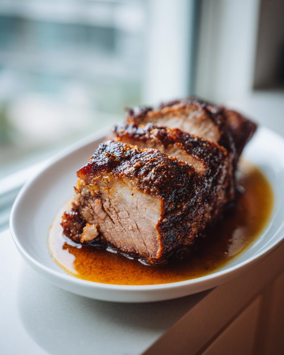 Aufgeschnittener, saftiger Räuberbraten mit dunkler Kruste in Bratensaft auf einem weißen Teller.