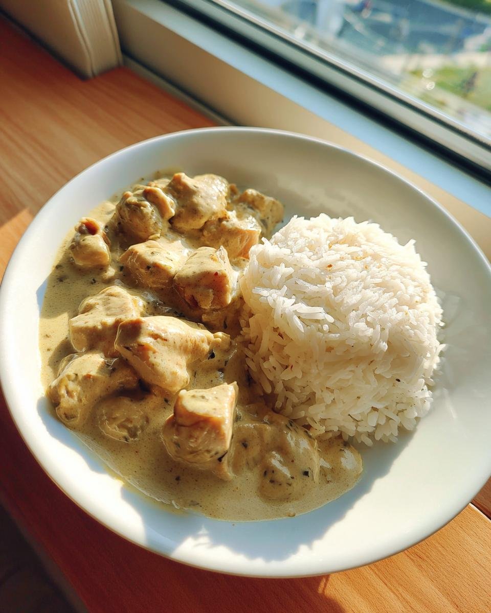 Teller mit Cremiges Hähnchen mit Reis, das im Sonnenlicht neben einem Fenster steht.