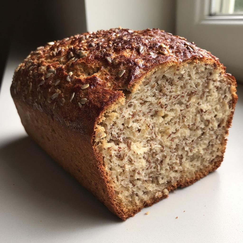Ein Laib frisch gebackenes Eiweißbrot der Welt, aufgeschnitten und mit Sonnenblumenkernen bestreut.
