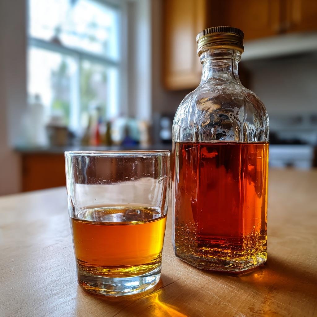 Eine kleine Glasflasche und ein Glas gefüllt mit bernsteinfarbenem Engelchen-Likör auf einem Holztisch.