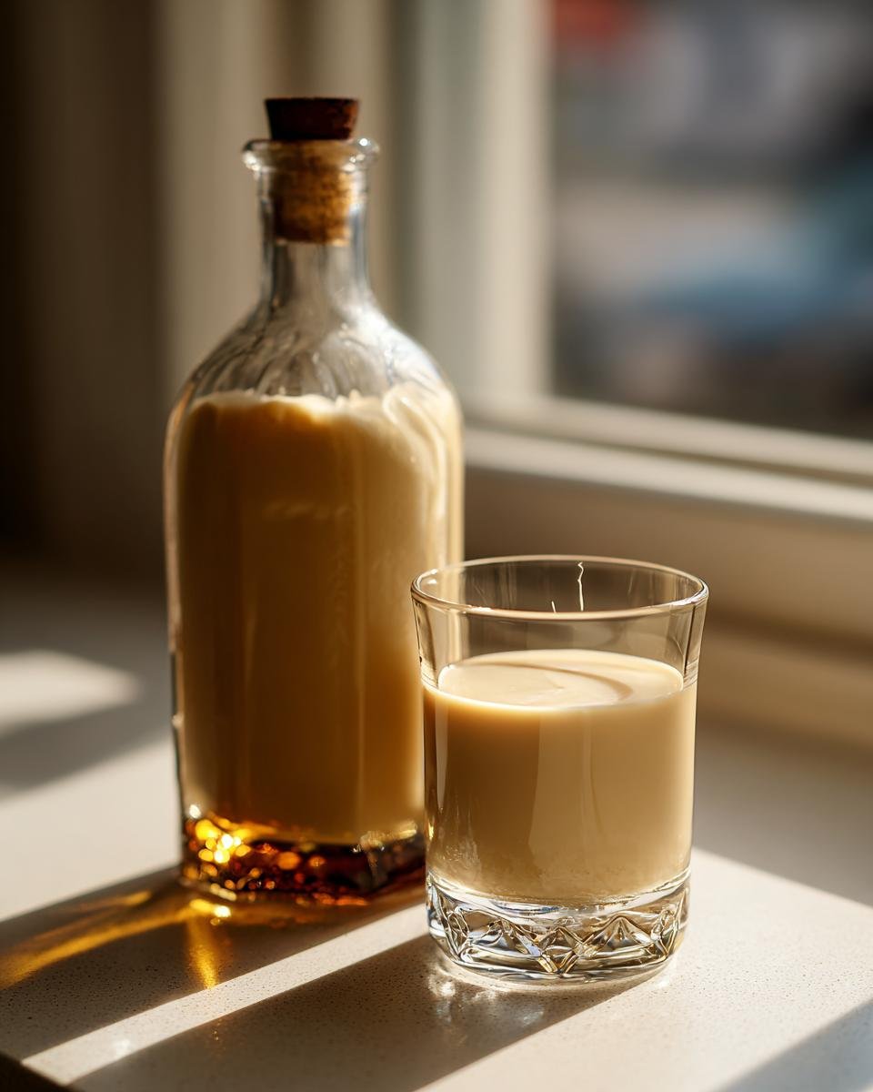Ein Glas und eine Flasche mit cremigem, selbstgemachtem Engelchen-Likör, beleuchtet durch Sonnenlicht.