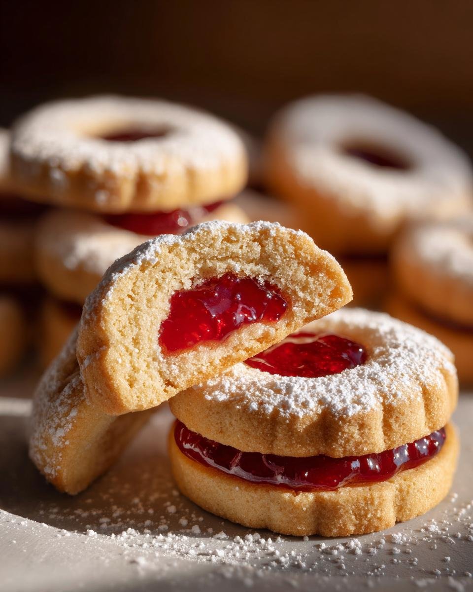 Nahaufnahme von zwei gestapelten Engelsaugen Keksen, gefüllt mit roter Marmelade und bestäubt mit Puderzucker.