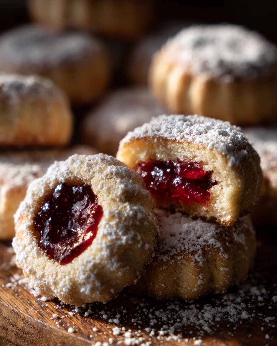 Nahaufnahme von zwei Engelsaugen Plätzchen, eines davon aufgeschnitten, gefüllt mit roter Marmelade und mit Puderzucker bestreut.