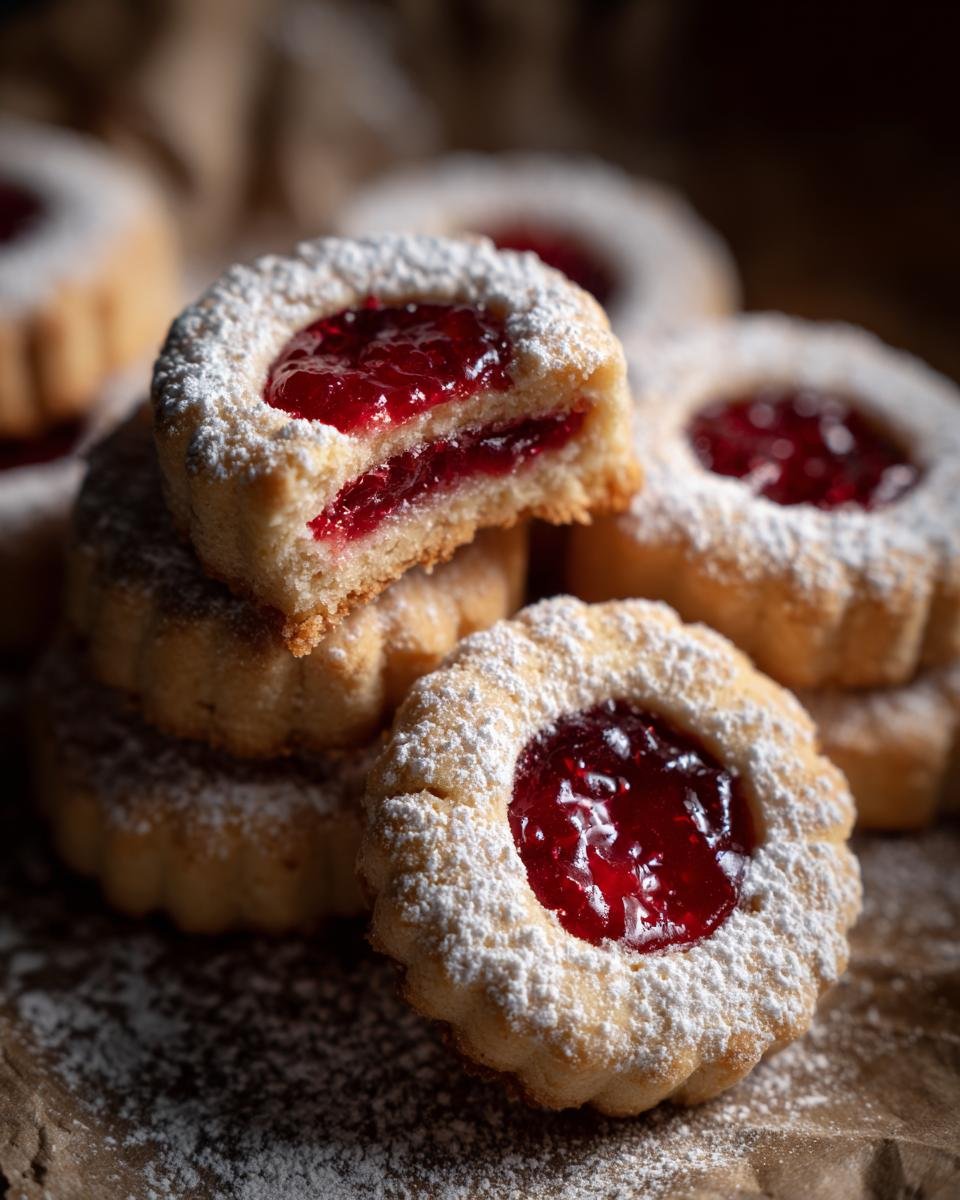 Nahaufnahme von gestapelten Engelsaugen Plätzchen, gefüllt mit roter Marmelade und bestäubt mit Puderzucker.