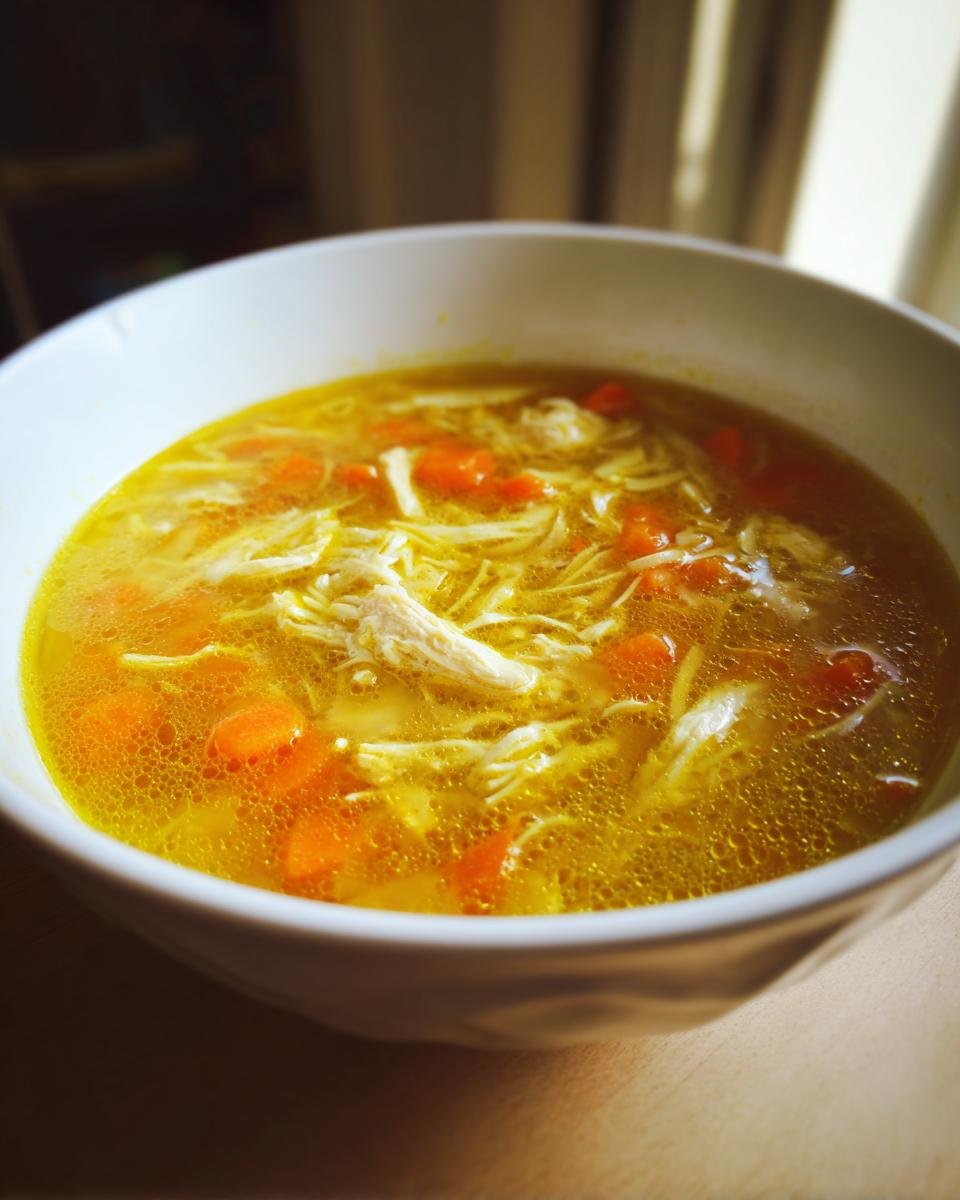 Nahaufnahme einer Schüssel mit Entzündungshemmende Kurkuma-Hühnersuppe, gefüllt mit gelber Brühe, Hühnerfleisch, Karottenstücken und Fadennudeln.