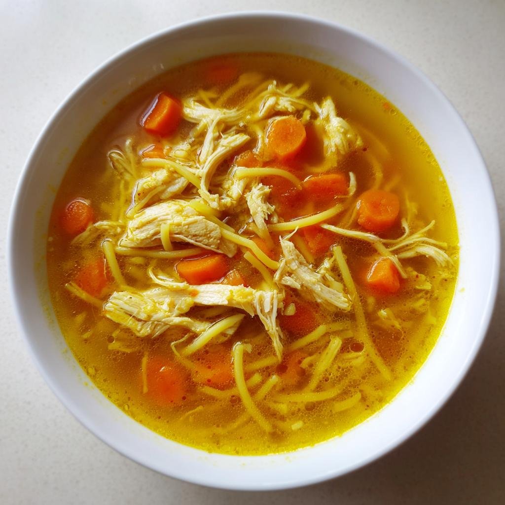 Nahaufnahme einer Schüssel mit Entzündungshemmende Kurkuma-Hühnersuppe, gefüllt mit Hühnerfleisch, Karottenscheiben und Fadennudeln.