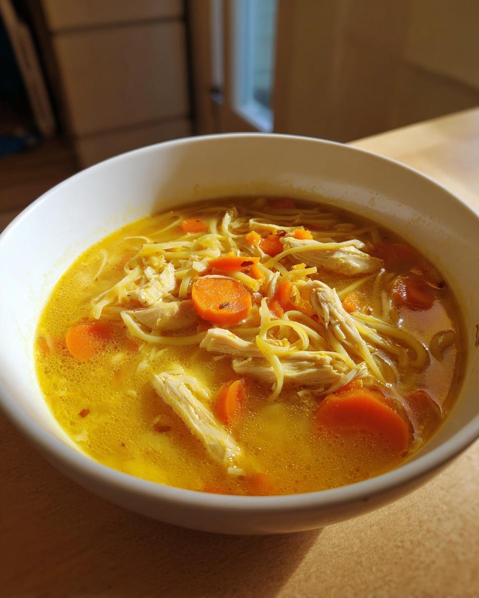 Nahaufnahme einer leuchtend gelben Entzündungshemmende Kurkuma-Hühnersuppe mit Fadennudeln, Hühnchenstücken und Karottenscheiben.