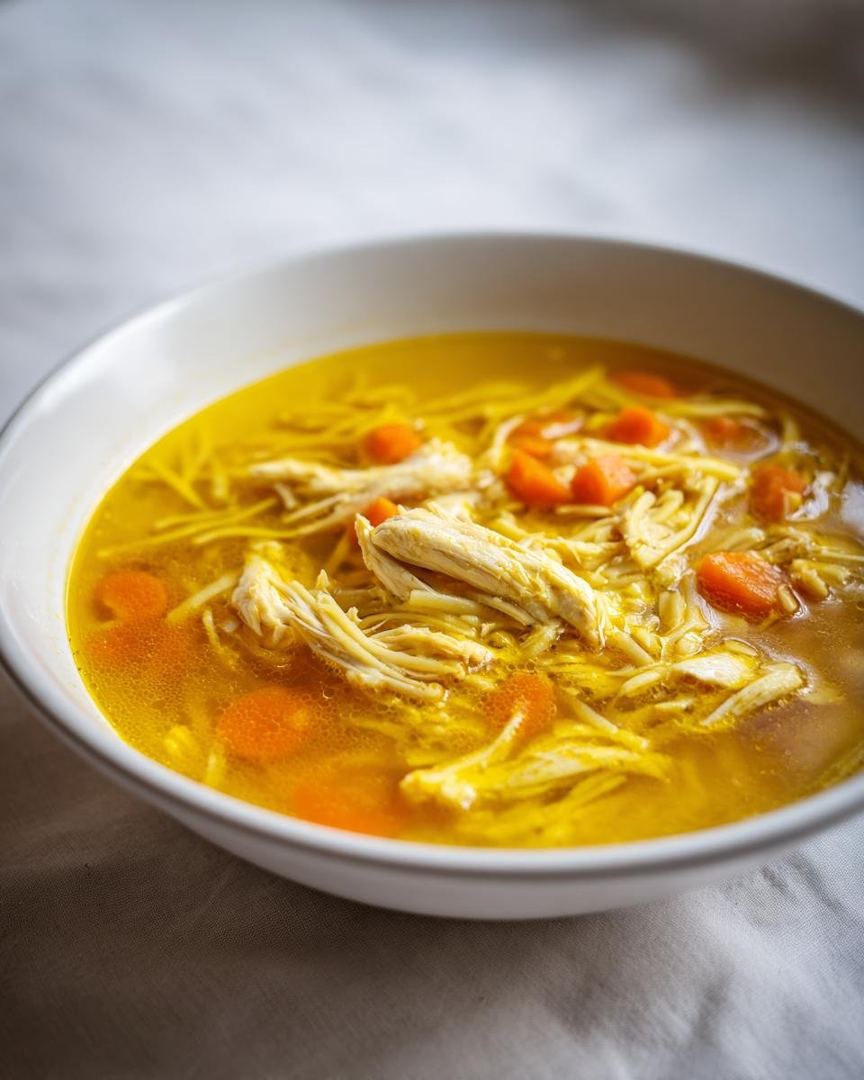 Nahaufnahme einer Schüssel mit leuchtend gelber Entzündungshemmende Kurkuma-Hühnersuppe, gefüllt mit Fadennudeln, Hühnchenfleisch und Karottenscheiben.