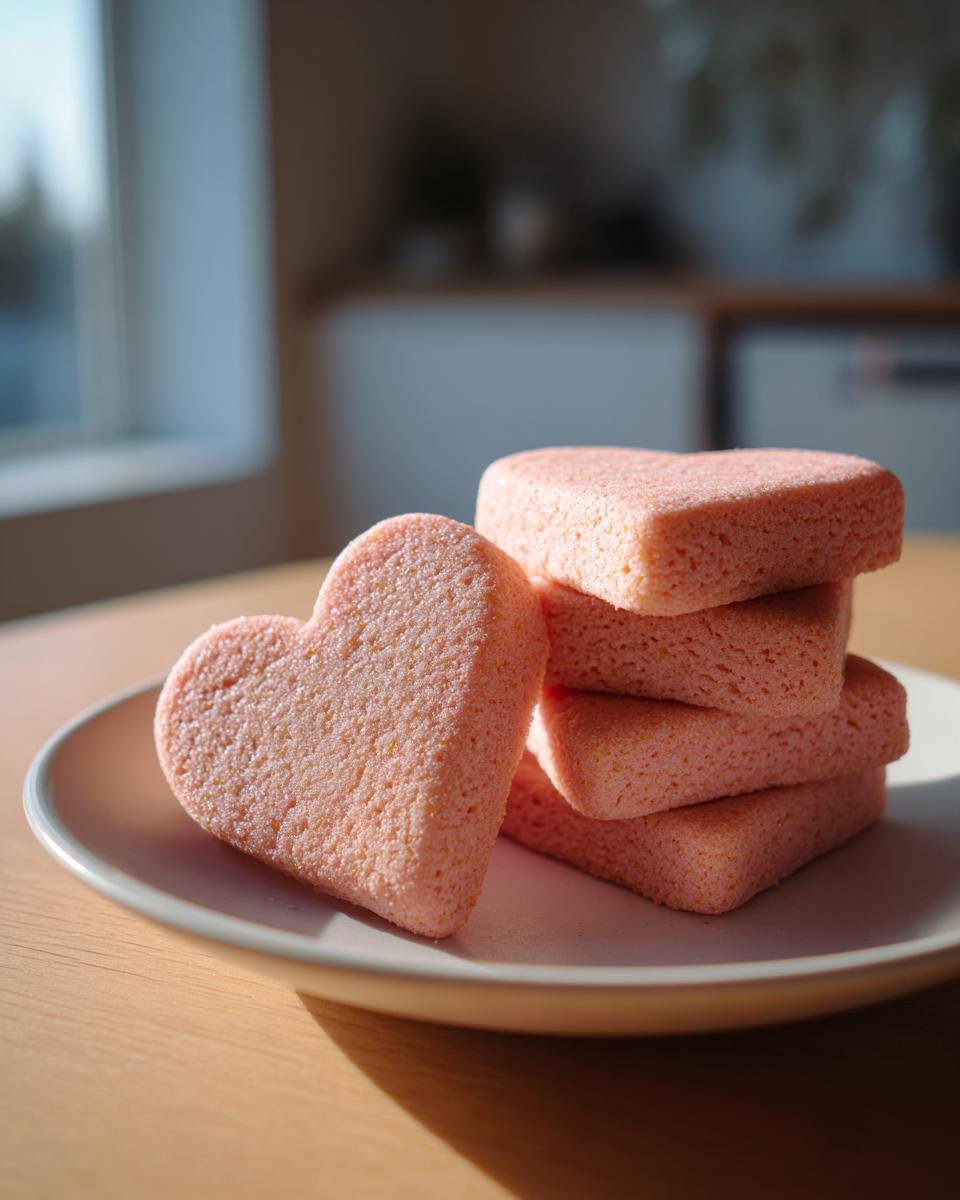 Nahaufnahme von rosa, herzförmigen Erdbeer Keksherzen auf einem weißen Teller.