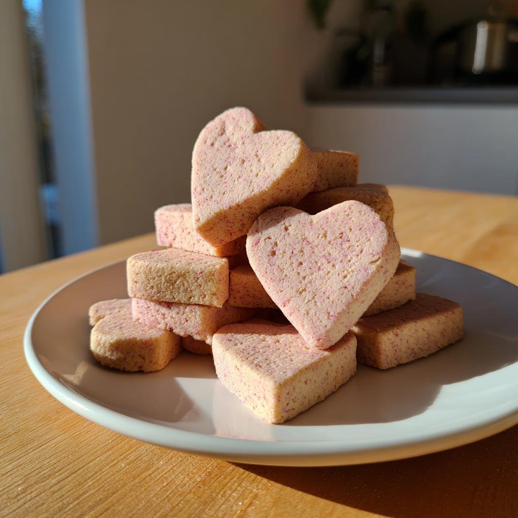 Ein Stapel von herzförmigen, hellrosa Erdbeer Keksherzen auf einem weißen Teller, beleuchtet von Sonnenlicht.