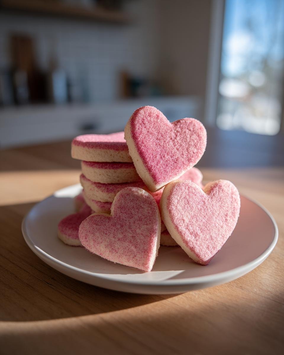 Stapel von rosa glasierten Erdbeer Keksherzen auf einem weißen Teller, beleuchtet von Sonnenlicht.