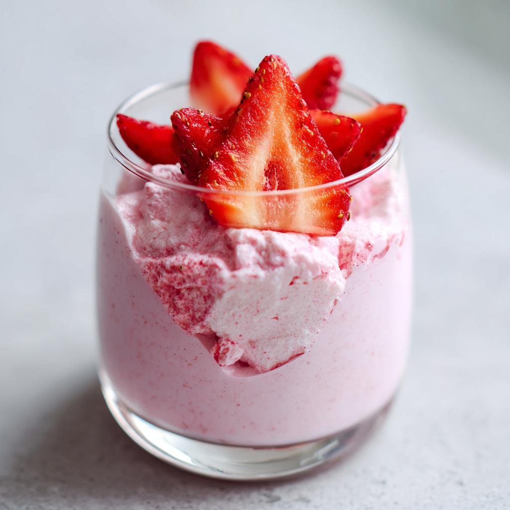 Nahaufnahme eines rosa Erdbeer-Mascarpone-Mousse mit Yogurette, garniert mit frischen Erdbeerscheiben.