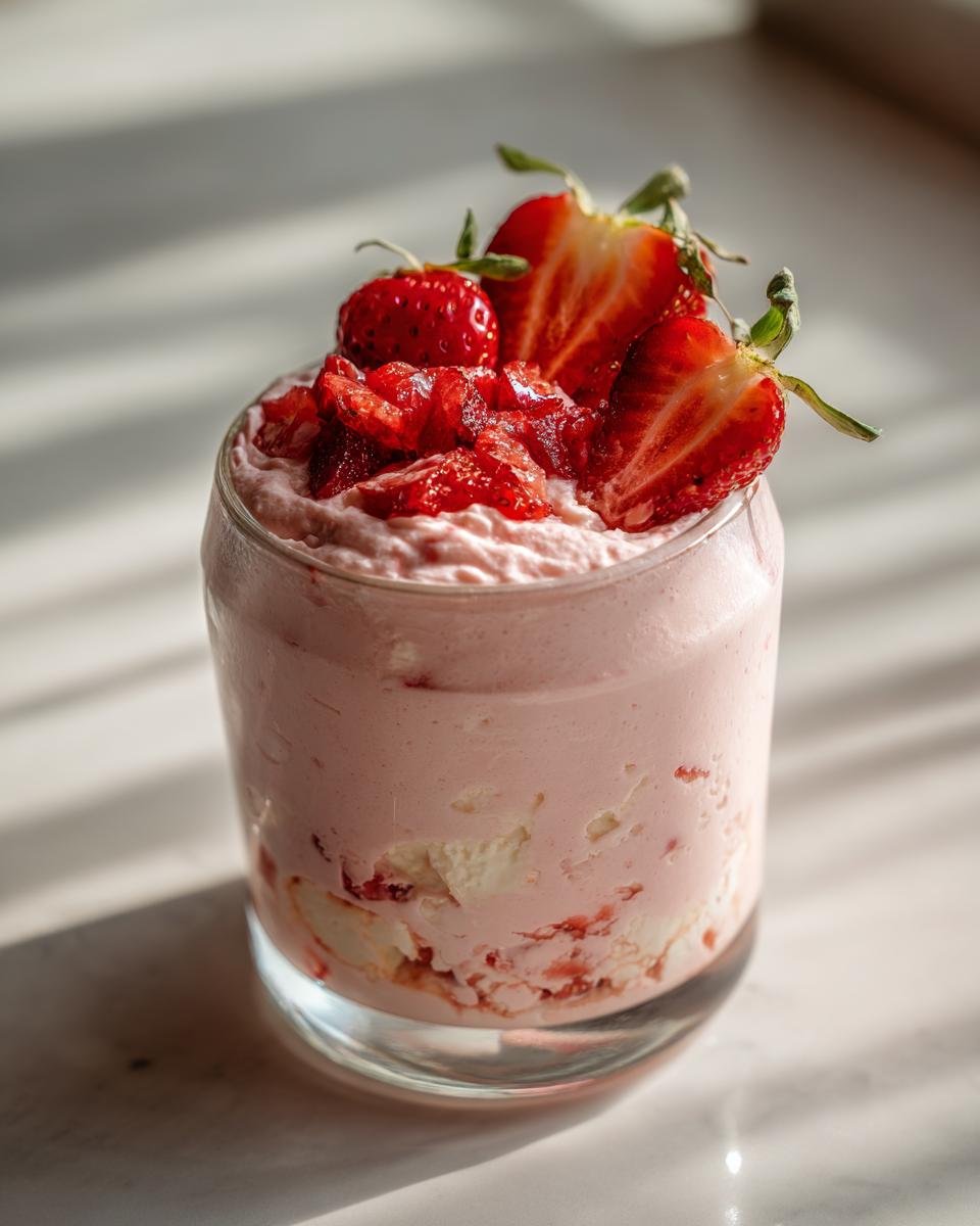 Nahaufnahme eines Glases Erdbeer-Mascarpone-Mousse mit Yogurette-Stücken und frischen Erdbeeren obenauf.