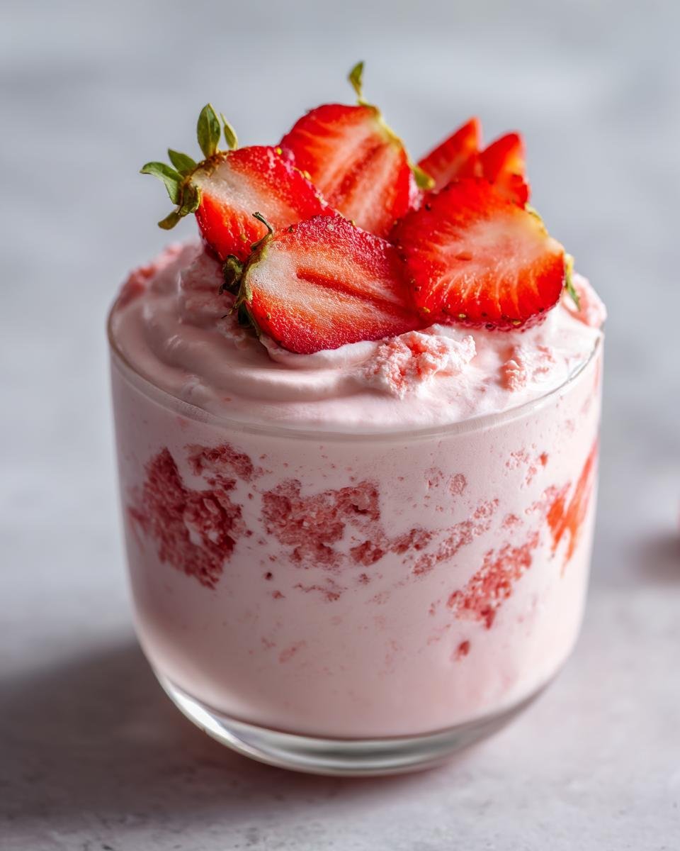 Nahaufnahme eines Glases mit cremigem Erdbeer-Mascarpone-Mousse, garniert mit halbierten frischen Erdbeeren.