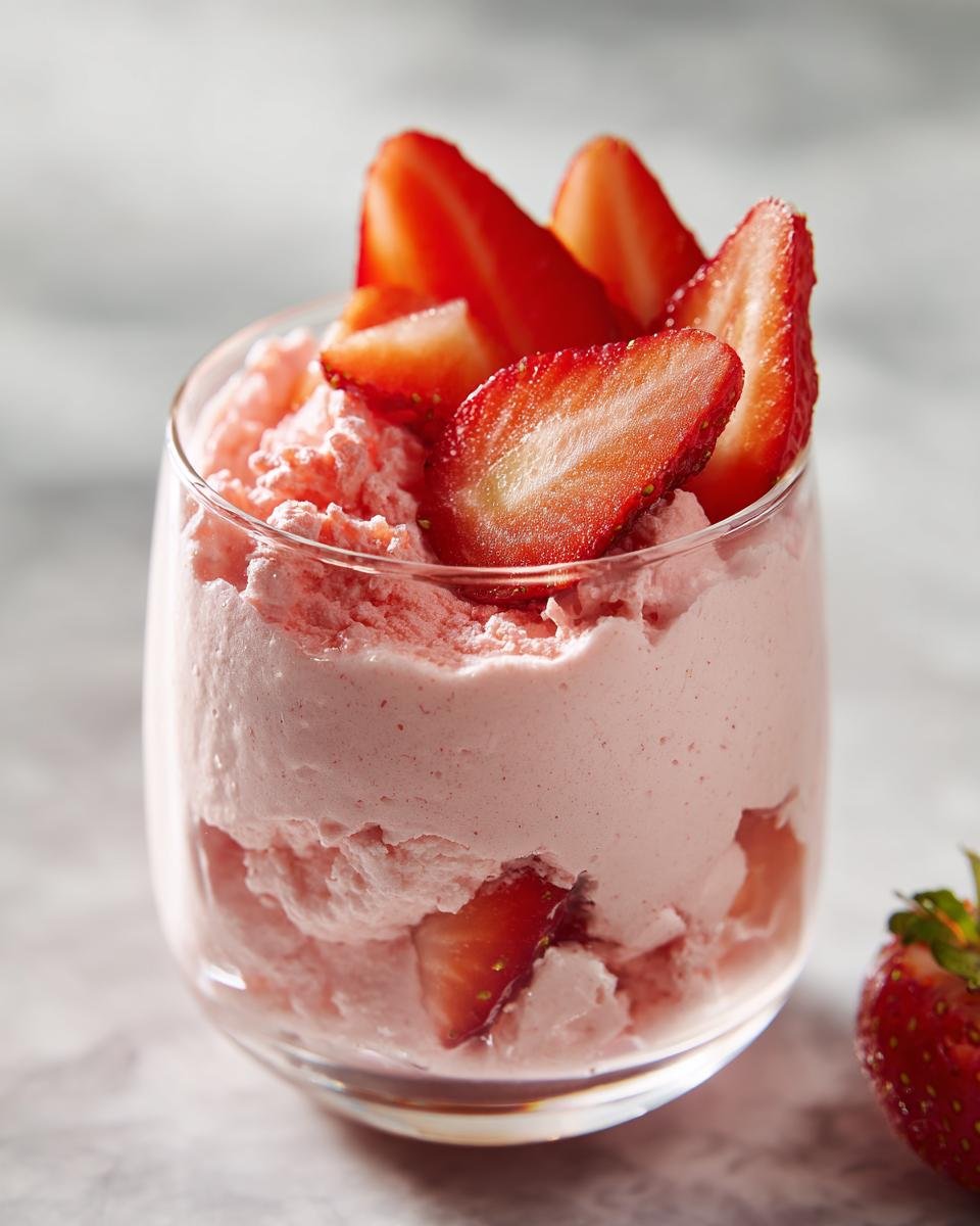 Nahaufnahme von luftigem Erdbeer-Mascarpone-Mousse mit frischen Erdbeerscheiben garniert.