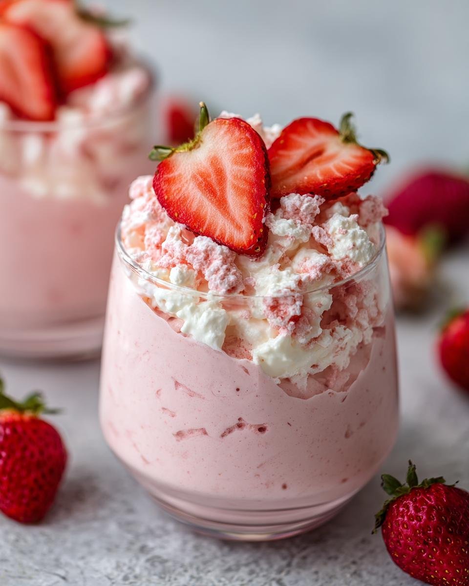 Nahaufnahme des luxuriösen Erdbeer-Mascarpone-Mousse mit Yogurette, garniert mit frischen Erdbeeren.