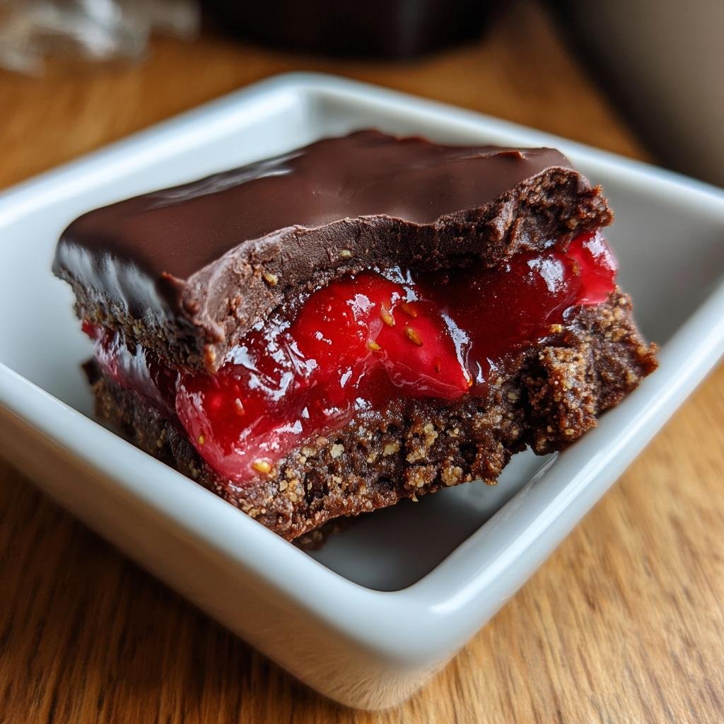 Nahaufnahme eines köstlichen Erdbeer-Schoko-Küsse Riegels mit dunklem Schokoladenüberzug und leuchtend roter Erdbeermarmelade.