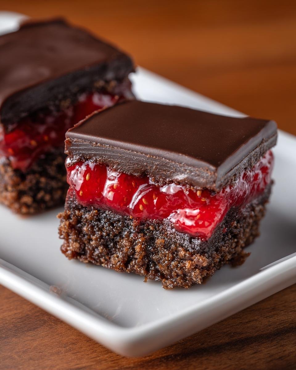 Nahaufnahme von zwei saftigen Erdbeer-Schoko-Küsse Schnitten mit dunklem Boden und Schokoladenglasur.