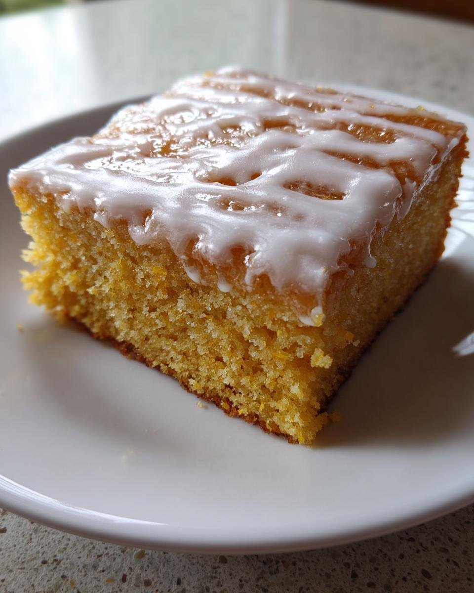 Nahaufnahme eines saftigen Stücks Fantakuchen vom Blech mit hellem Zuckerguss.