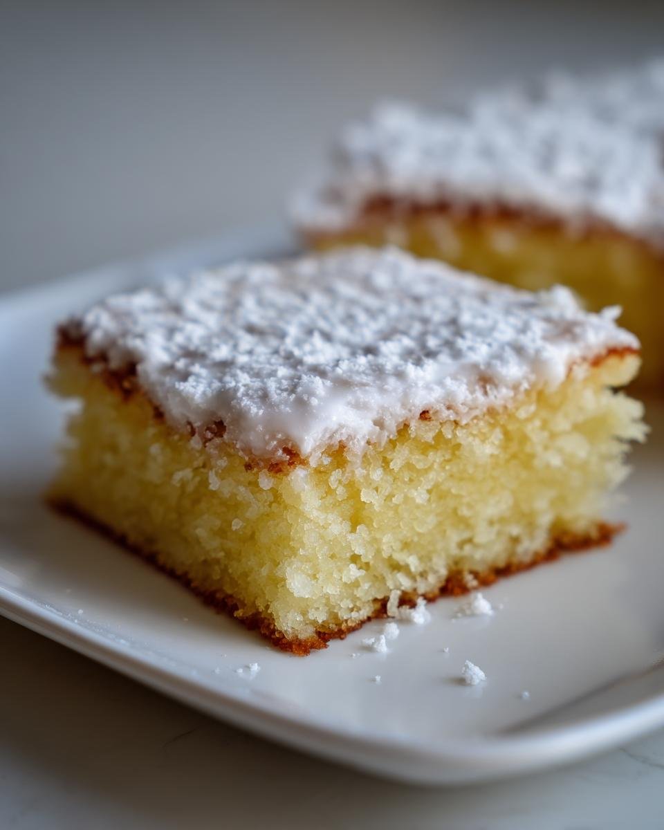 Nahaufnahme eines saftigen Stücks Fantakuchen vom Blech mit weißem Zuckerguss und Puderzucker.